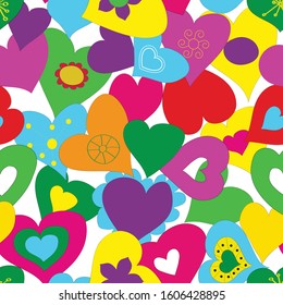 Vector seamless background with bright hearts in cartoon style.