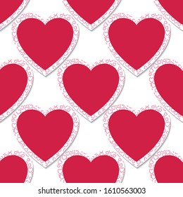 Vector seamless background with bright hearts in paper style.