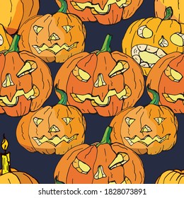 vector seamless background with bright holiday pumpkins for design. doodles