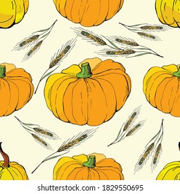  vector seamless background with bright holiday pumpkins for design. doodles