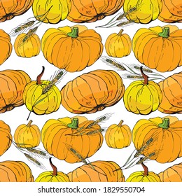  vector seamless background with bright holiday pumpkins for design. doodles