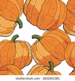  vector seamless background with bright holiday pumpkins for design. doodles
