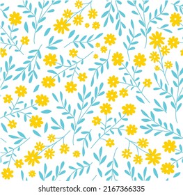 Vector seamless background with bright small flowers yellow-blue color. Wildflowers. Bright vector botanical pattern. fabric, paper. Wallpaper.