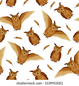 Vector seamless background with brown owls and owl feathers on a white background.