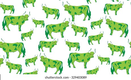 Vector seamless background of bulls. Chaotic cow on a white background.