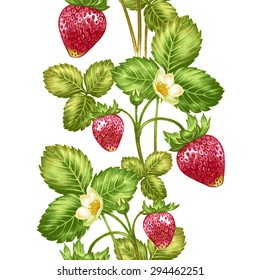 Vector seamless background. Bush blossoming strawberry with berries. Design for fabrics, textiles, paper, wallpaper, Internet. Vintage. Floral ornament.