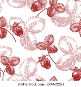 Vector seamless background. Bush blossoming strawberry with berries. Design for fabrics, textiles, paper, wallpaper, Internet. Vintage. Floral ornament. Red color.