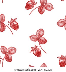 Vector seamless background. Bush blossoming strawberry with berries. Design for fabrics, textiles, paper, wallpaper, Internet. Vintage. Floral ornament. Red color.