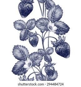 Vector seamless background. Bush blossoming strawberry with berries. Design for fabrics, textiles, paper, wallpaper, Internet. Vintage. Floral ornament. Black and white.