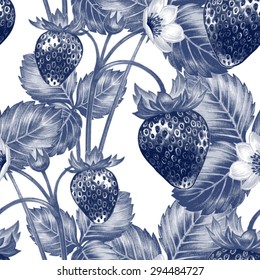 Vector seamless background. Bush blossoming strawberry with berries. Design for fabrics, textiles, paper, wallpaper, Internet. Vintage. Floral ornament. Black and white.