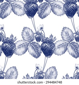 Vector seamless background. Bush blossoming strawberry with berries. Design for fabrics, textiles, paper, wallpaper, Internet. Vintage. Floral ornament. Black and white.