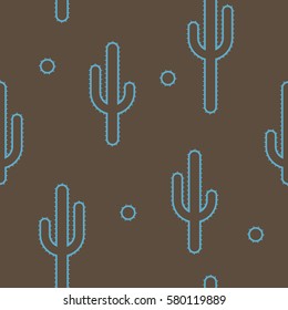 Vector seamless background with cactus in blue on background dark brown. Ready for printing on textile and other seamless design.
