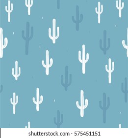 Vector seamless background with cactus in white and blue on background blue. Ready for printing on textile and other seamless design.