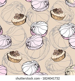 vector seamless background with cakes on colored background