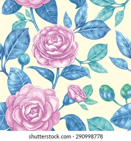 Vector seamless background. Camellia flower. Design for fabrics, textiles, paper, wallpaper, web. Vintage style. Floral ornament.