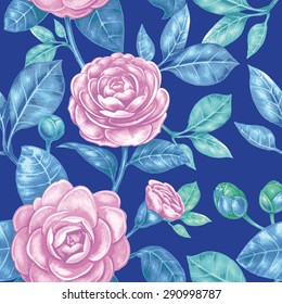 Vector seamless background. Camellia flower. Design for fabrics, textiles, paper, wallpaper, web. Vintage style. Floral ornament.
