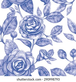 Nahtloser Vektorhintergrund. Kamelienblume. Design für Stoffe, Textilien, Papier, Tapeten, Web. Vintage-Stil. Blumenornament. Schwarz und weiß.