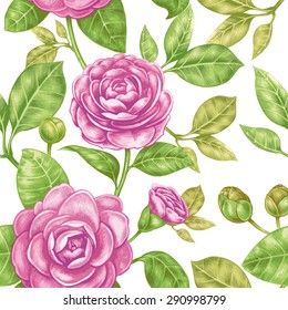 Vector seamless background. Camellia flower. Design for fabrics, textiles, paper, wallpaper, web. Vintage style. Floral ornament.