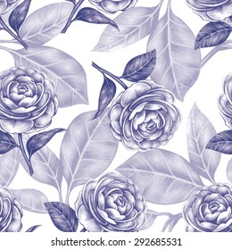 Vector seamless background. Camellia flower. Design for fabrics, textiles, paper, wallpaper, web. Vintage style. Floral ornament. Black and white.