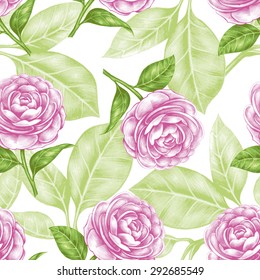 Vector seamless background. Camellia flower. Design for fabrics, textiles, paper, wallpaper, web. Vintage style. Floral ornament.