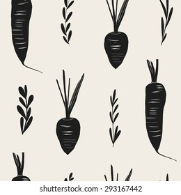 Vector seamless background with carrots. Hand drawn kitchen pattern