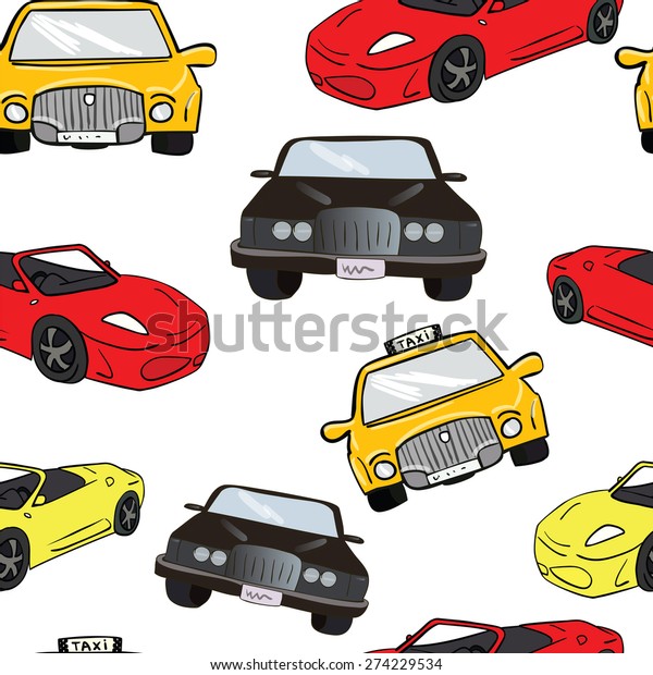 Vector seamless background. Cars. Color\
illustration. Transport. Taxi and comfortable\
car.
