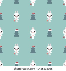 Vector seamless background. Cartoon bunny. Cute rabbitt with new year ball. Funny character and christmas tree. Happy new year. Symbol of the year in the Eastern calendar. Vector illustration.