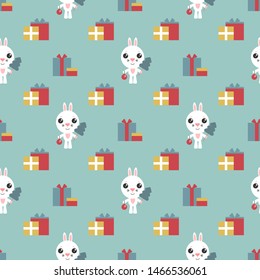 Vector seamless background. Cartoon bunny. Cute rabbitt with christmas tree and new year ball. Funny character with presents. Happy new year. Symbol of the year in the Eastern calendar. Vector