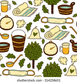 Vector seamless background with cartoon hand drawn sauna objects: broom, towel, hat, wisp, beer, steam. Relaxation, health care or treatment concept for your design