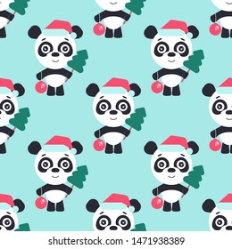 Vector seamless background. Cartoon panda. Cute panda with christmas tree and new year ball.