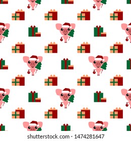 Vector seamless background. Cartoon pig and presents. Cute piglet with christmas tree and new year ball. Happy new year.