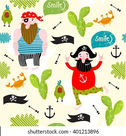 Vector seamless background with cartoon pirates, cacti, crabs, parrots, an anchor. It can be used for printing on fabric, for decoration of children's parties.