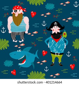 Vector seamless background with cartoon pirates, cacti, crabs, parrots, an anchor. It can be used for printing on fabric, for decoration of children's parties.