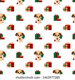 Vector seamless background. Cartoon puppy and presents. Cute dog with christmas tree and new year ball.