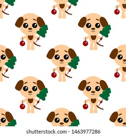 Vector seamless background. Cartoon puppy. Cute dog with christmas tree and new year ball.