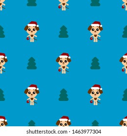 Vector seamless background. Cartoon puppy and tree. Cute dog with christmas tree and new year ball.
