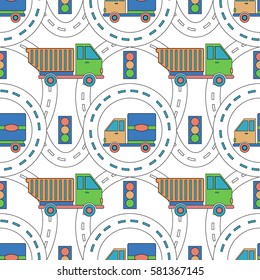 Vector seamless background with cartoon roads and 
trucks. It can be used as a pattern for textile, wrapping paper, children's play mat, ornamental template for design and decoration.

