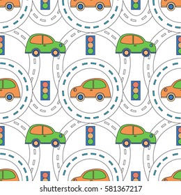 Vector seamless background with cartoon roads and cars. It can be used as a pattern for textile, wrapping paper, children's play mat, board games, ornamental template for design and decoration.
