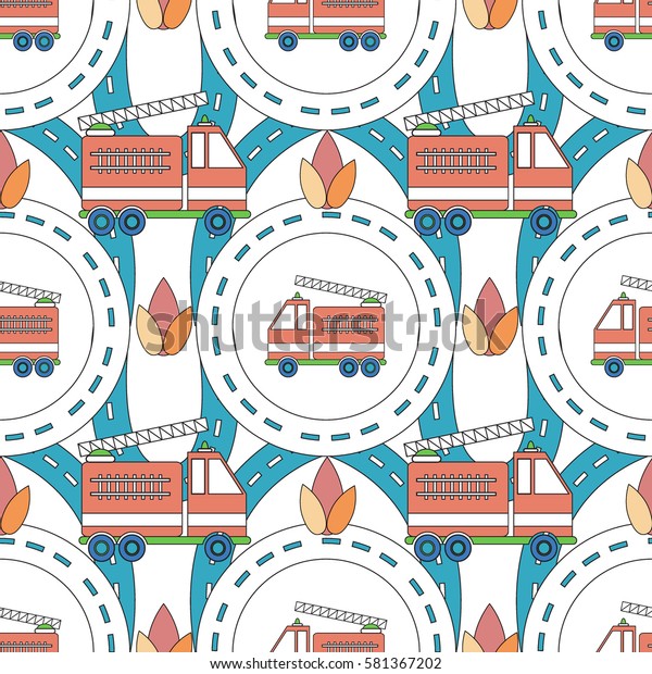 Vector seamless background with cartoon\
roads and fire truck. It can be used as a pattern for textile,\
wrapping paper, children\'s play mat, board games, ornamental\
template for design and\
decoration.\
