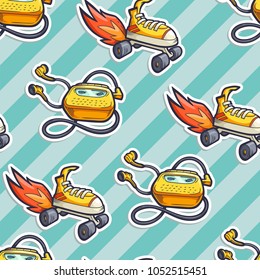 Vector seamless background with cartoon stickers with symbols of street lifestyle. Hand drawn texture with roller skates and audio player isolated on striped background