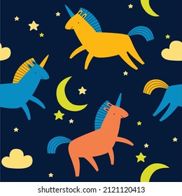Vector seamless background with cartoon unicorns. Unicorns in the night sky. Night sky pattern. Fabric, paper, wallpaper for children.