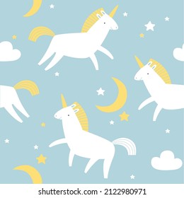Vector seamless background with cartoon unicorns. Unicorns in the sky. Night sky pattern. Fabric, paper, wallpaper for children.