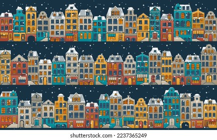 Vector seamless background with a cartoon winter town. Hand drawn colorful houses with falling snow. Winter holidays vector background.