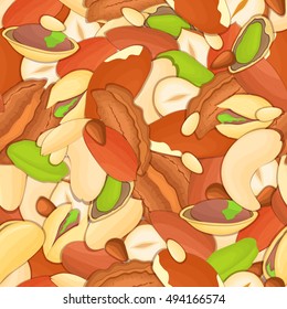 Vector seamless background of a cashew, brazilnut, walnut, hazelnut, peanut, pistachios, almond nut on white pattern. Nuts elements of packaging design, brochures on healthy eating