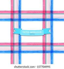 Vector seamless background. Checkered pattern with watercolor stripes.  Hand drawing.