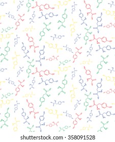 Vector seamless background of chemical formulas. Skeletal formula of the chemical. Organic chemistry.