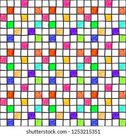 Vector seamless background with children's drawings into square cells.