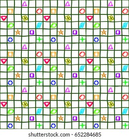 Vector seamless background with children's drawings into square cells.