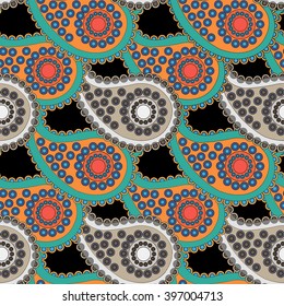 Vector seamless background. Chinese cucumbers. Ethnic, pattern, vector. Doodle vector background. Henna mehndi Doodle design. Black background