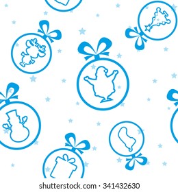 Vector seamless background: Christmas balls Santa Claus, Snowman, Deer, sock, gift box, tree silhouette on background with stars